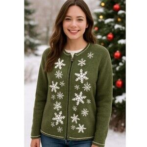 VTG Croft & Barrow Green White Snow Flake Embroidered Zipper Font Sweater Small